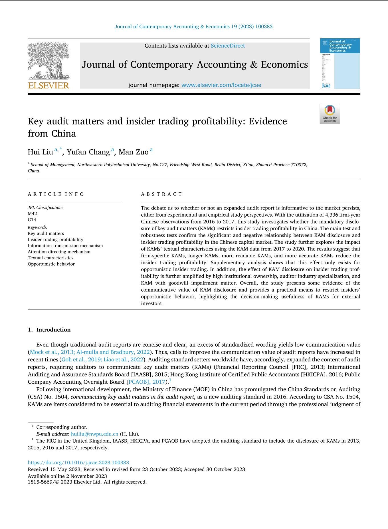 Key audit matters and insider trading profitability: Evidence from  China-研究中心